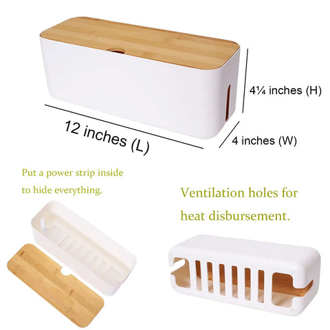 Small White Cable Management Box for Desk and Home Office, Cord Organizer for Power Strips and Surge Protectors, wooden top cover