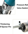 Close-up of pressure relief valve switch and thickening of ejector pin on Heavy Duty Hydraulic Gear Puller With Beefy Forged Cylinder For Pulley And Bushing Removal Pro Grade Auto Garage Tool For Automotive Maintenance Durable Shaft And Wheel Removal Ideal For DIY And Professional Mechanics.