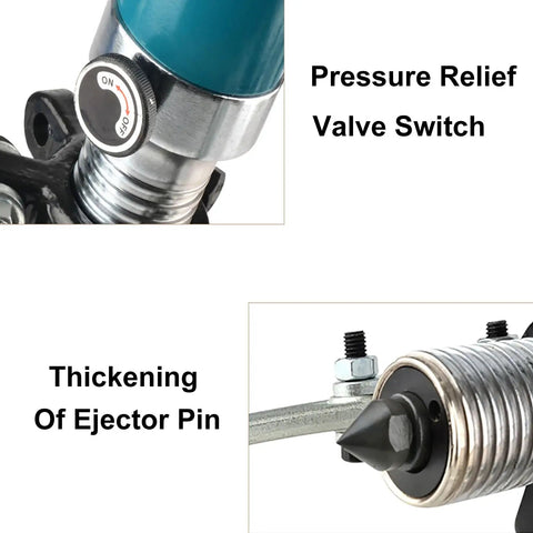 Close-up of pressure relief valve switch and thickening of ejector pin on Heavy Duty Hydraulic Gear Puller With Beefy Forged Cylinder For Pulley And Bushing Removal Pro Grade Auto Garage Tool For Automotive Maintenance Durable Shaft And Wheel Removal Ideal For DIY And Professional Mechanics.