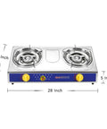 Two Burner Portable Propane Stove With Auto Ignition 20000 BTU Stainless Steel Cooktop, regulator, hose, dimensions 28x15x5 inches