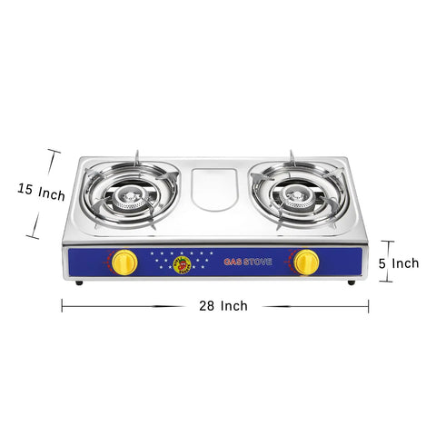 Two Burner Portable Propane Stove With Auto Ignition 20000 BTU Stainless Steel Cooktop, regulator, hose, dimensions 28x15x5 inches