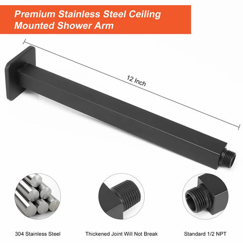 12 Inch Ceiling Mount Shower System With High Pressure Rainfall Shower Head, luxury full body coverage kit stainless steel arm