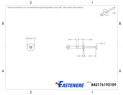 Technical diagram of Beefy Large Flange Pop Rivets Three Sixteenth Inch By One Quarter Inch Aluminum Body Steel Mandrel Fifty Pack