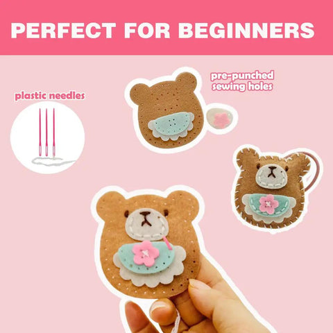 Beginner Sewing Kit For Kids With 9 Different Animal Charms, Easy Pre-Cut Fabric, Plastic Needle Tools, Bear Charm Instructions