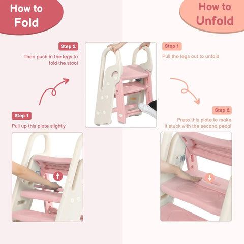 How to fold and unfold the Pretty Darn Versatile Foldable Toddler Step Stool For Bathroom Sink And Kitchen Counter With Adjustable Height Settings And Safe Handles To Make Potty Training An Absolute Dream For Growing Kids In Soft Pink.