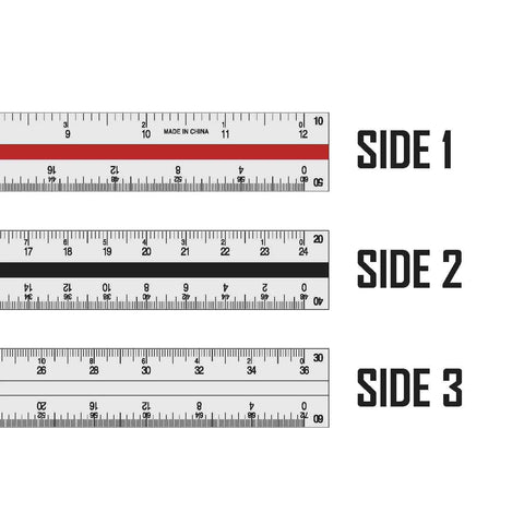 12 Inch Aluminum Triangular Engineering Scale Ruler With Six Scales 1:10 1:20 1:30 1:40 1:50 1:60 detailed side view