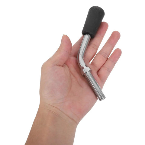 Solid As A Rock M12x40 Workbench Locking Screw Metal Threaded Handwheel held in hand, showcases black rubber grip and steel threaded shaft.