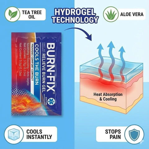 Front view of BurnFIX burn kit packaging, 25-piece first aid kit for burns.