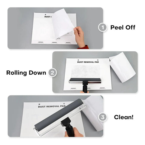 Peeling a sheet from 30 Sheets High Adhesive Cleanroom Dust Removal Pad Sticky Paper Self Sticky Adhesive Dust Collector for Cleaning Dust Dirt and Lint on Surfaces