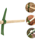 Steel Garden Pickaxe With Wooden Handle For Weeding And Soil Cultivation, Durable Hand Hoe For Vegetable Farming Gardening Yard Work And Tough Weeds Today, shown with green steel blade and wooden handle in use on soil and weeds.