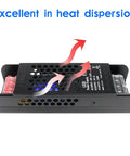 Side view of 24V 5A 120W Universal Regulated Switching Power Supply with heat dispersion arrows, showing metal housing with ventilation holes.