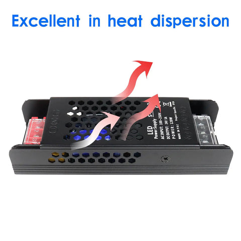 Side view of 24V 5A 120W Universal Regulated Switching Power Supply with heat dispersion arrows, showing metal housing with ventilation holes.