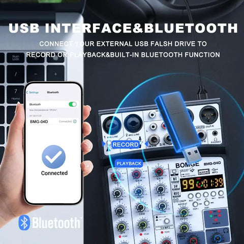 Ultra Portable Four Channel Audio Mixer For Recording And Live Streaming With USB Bluetooth 48V Phantom Power and USB