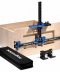 Professional Cabinet Hardware Jig With Micro Adjustment Slider And Drill Bit Storage For Nailing Drawer Pull Placement Right On The Money Smooth DIY Woodworking Alignment Tool That Saves Your Knuckles on a wooden cabinet.