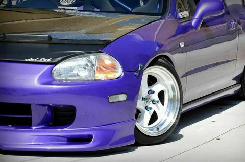 Purple car with JDM Quick Release Fasteners Kit 8Pcs Billet Aluminum Locking Bolts installed on bumper, showing side view