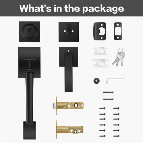 Package contents of Matte Black Front Door Handle Set With Single Cylinder Deadbolt And Exterior Lever Lock For Home Or Office