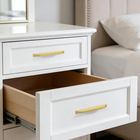 Gold Cabinet Handles 10 Pack 3-3/4 Inch Brushed Brass Drawer Pulls installed on white drawer