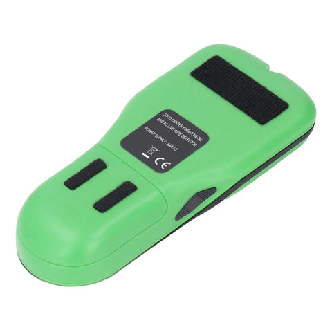 Generic Stud Finder Wall Scanner, 5 Modes LCD Display with Sound Alarm, green handheld device with buttons and Velcro.
