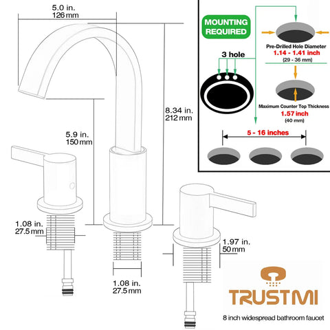 Diagram of Matte Black 3 Hole 8 Inch Widespread Bathroom Faucet With Brass Lavatory Vanity Sink installation details.