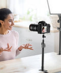 Two Pack Desk Mount Stands For DSLR Cameras And Lights With One Quarter Inch Ball Head And Cold Shoe Adapter setup on table