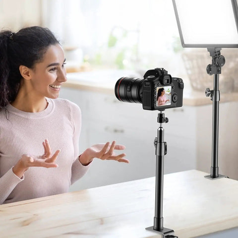 Two Pack Desk Mount Stands For DSLR Cameras And Lights With One Quarter Inch Ball Head And Cold Shoe Adapter setup on table