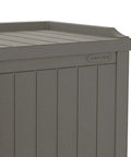 22 Gallon Outdoor Storage Box With Seat In Stone Gray Resin, Weatherproof Patio Deck Box close-up of lid and side panel