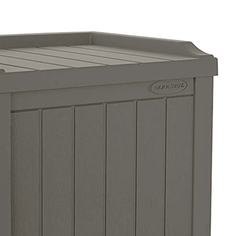 22 Gallon Outdoor Storage Box With Seat In Stone Gray Resin, Weatherproof Patio Deck Box close-up of lid and side panel