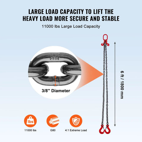 Heavy Duty Chain Sling Three Eighths Inch By 6 Ft With 2 Leg Grab Hooks And Adjusters, G80 Mn Steel Lifting Chains For Engine Hoist, 11000 Lbs Capacity, 5 Ton Rigging Chain With Durable Hooks Built Tough. 3/8 inch G80 chain sling, 6 ft, 2-leg grab hooks