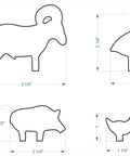 Diagram of 20 Piece Metal Silhouette Targets For Air Rifle And Pistol Knock Overs, 1 by 10 scale with target dimensions.