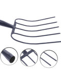 Handheld Manure Fork for Gardening and Farm Chores, Heavy Duty Steel Construction, showcasing 4-tine head and details in circles