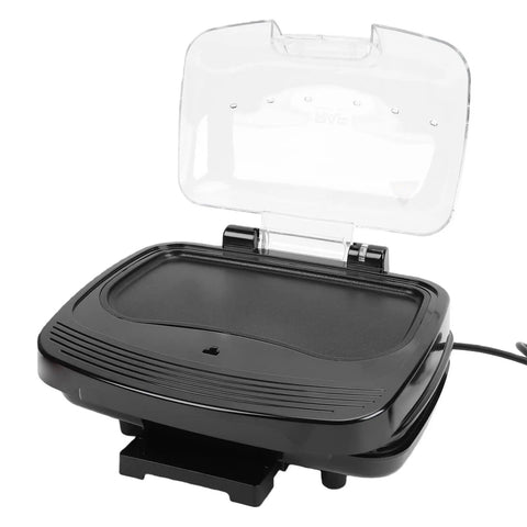 Haofy 1000W Electric Indoor Grill Panini Press With Removable Plates Compact Design showing open lid and non-stick cooking surface.