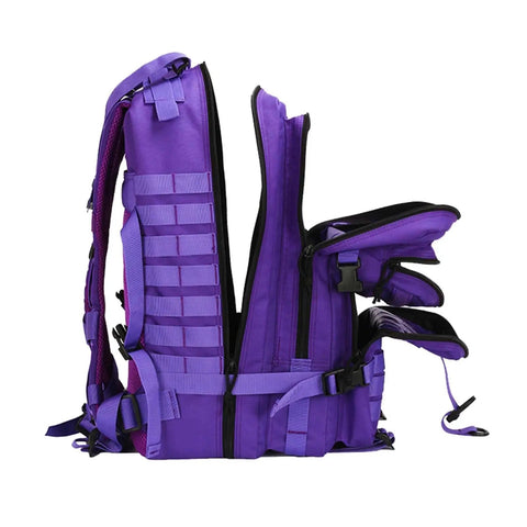 Side view of 45L Military Tactical Backpack For Men And Women With Molle Daypack Bug Out Bag For Hiking And Trekking 180 Degree Open Unisex Rucksack 17 Inch Laptop Sleeve Ideal For Travel And Outdoor Adventures in purple, 180° open