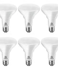 Energy Star BR30 LED Flood Light Bulbs 65W Equivalent Dimmable With CRI 80 True Color Warm White 3000K 750 Lumens For Indoor Recessed Can Lighting ETL Certified 6 Pack Easy Install No Fuss displayed in a group of six.