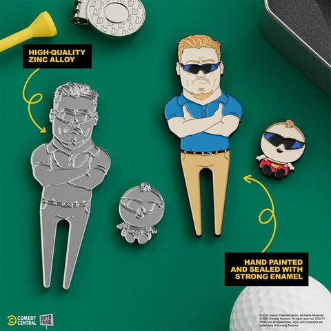 South Park PC Principal Golf Divot Tool And PC Baby Ball Marker Magnetic Collectible Gift Set with hat clip and tin shown on green background