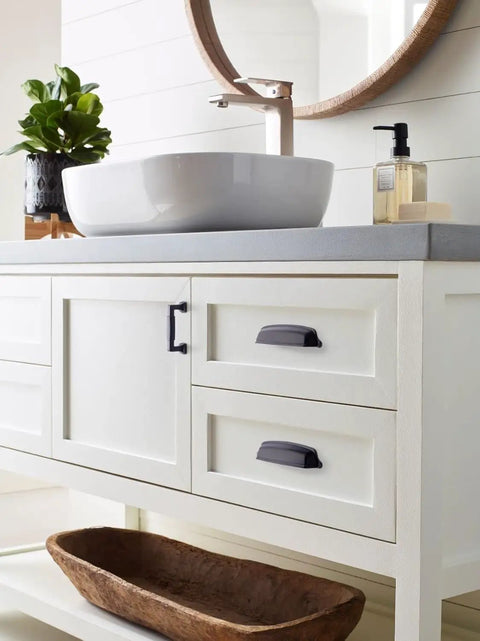 Top Shelf Matte Black Cup Pull Handle With No Hassle Mounting And Game Changing Grip For Smooth Kitchen Cabinet Refresh And Furniture Upgrade Featuring 5 16 Inch Center To Center Spacing on white cabinet drawers.