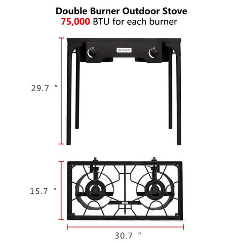 Front view of 2 Burner Outdoor Portable Propane Stove With Cast Iron Burners And Detachable Stand Legs For Camp Cooking