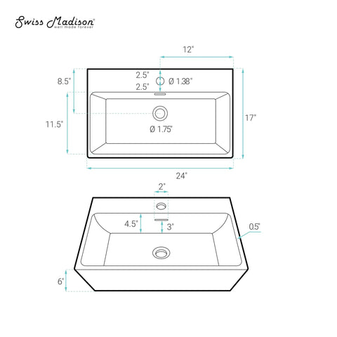 Diagram of 24 Inch Rectangle Wall Mount Bathroom Sink Sleek Space Saving Ceramic Vanity Basin With Durable Non Porous Scratch Resistant Finish No Fuss Easy Wall Mount Installation with measurements