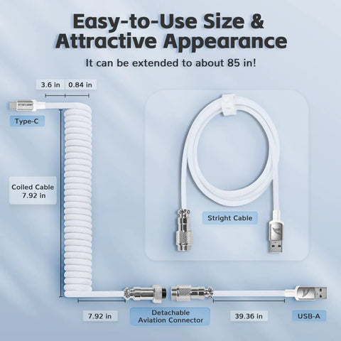 Custom Coiled Usb C To Usb A Keyboard Extension Cable With Detachable Double Braided Sleeve And Rugged Metal Aviator Quick Release For Gaming Mechanical Boards Built Straight Fire To Handle The Daily Grind Without Flaking Out In Clean White
