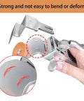 Adjustable Drawer Front Installation Clamps Featuring Hella Secure Grip, showing strong metal design and user's hand for cabinet alignment.