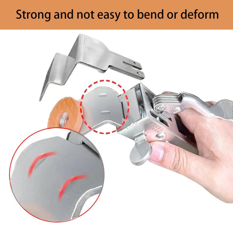 Adjustable Drawer Front Installation Clamps Featuring Hella Secure Grip, showing strong metal design and user's hand for cabinet alignment.