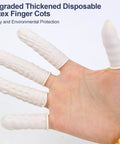 Top Notch Medium Finger Cots 480 Count Powder Free Fingertip Sleeves on hand showcasing touchscreen friendly design.