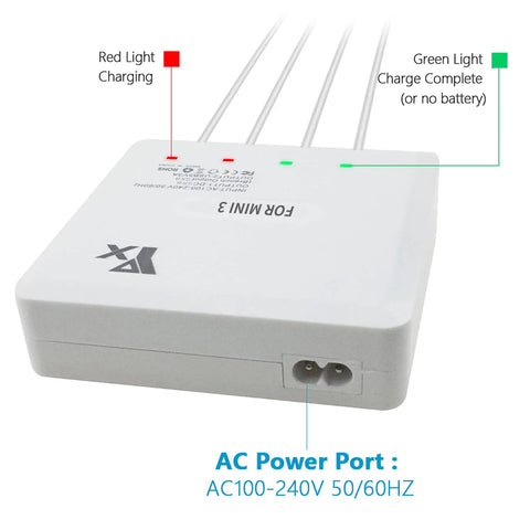 Fast 6 In 1 Parallel Battery Charger For DJI Mini 4 Pro And Mini 3 Pro Drones with power port and LED indicators.