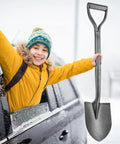 30 Inch All Metal D Handle Shovel For Digging And Gardening Steel Blade Small Spade with child beside car in winter gear