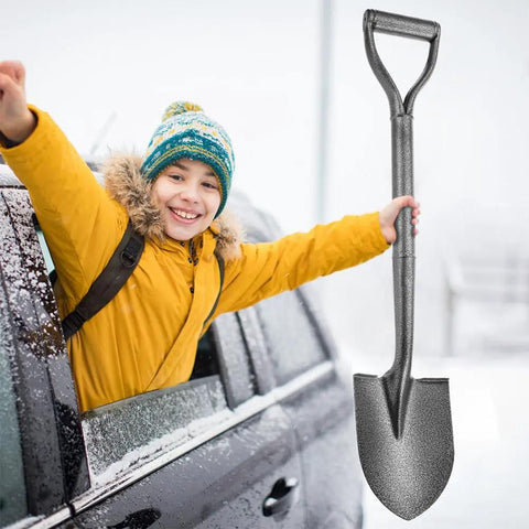 30 Inch All Metal D Handle Shovel For Digging And Gardening Steel Blade Small Spade with child beside car in winter gear