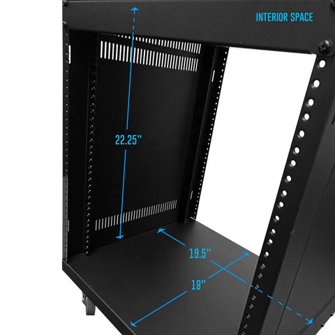 Interior view of 12U AV Equipment Rack With 19-Inch Steel Open Frame For Home Studio, showing dimensions and open space for equipment.