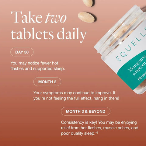 Hormone-Free Plant Based S-Equol Menopause Relief Supplement with 60 tablets, dosage instructions, and benefits detail