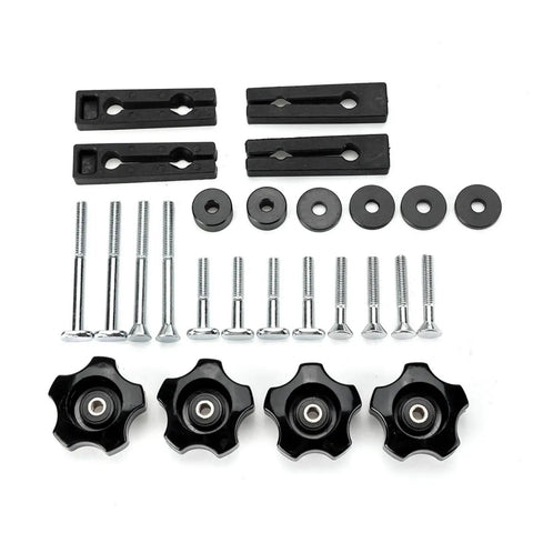 Heavy Duty Double Feather Board For Router Table Saws parts including clamps, screws, and washers for solid clamping performance.