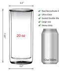 Heavy Duty Double Wall Insulated Borosilicate Glass Tumblers Set Of 2 20 Oz Highball Cups showing dimensions and features.