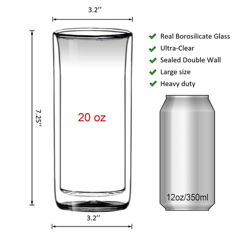 Heavy Duty Double Wall Insulated Borosilicate Glass Tumblers Set Of 2 20 Oz Highball Cups showing dimensions and features.