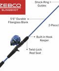 Slingshot Spincast Reel And Rod Combo For Grab And Go Anglers, 5 Foot 6 Inch Two Piece Fiberglass Rod, Size 30 Reel in blue